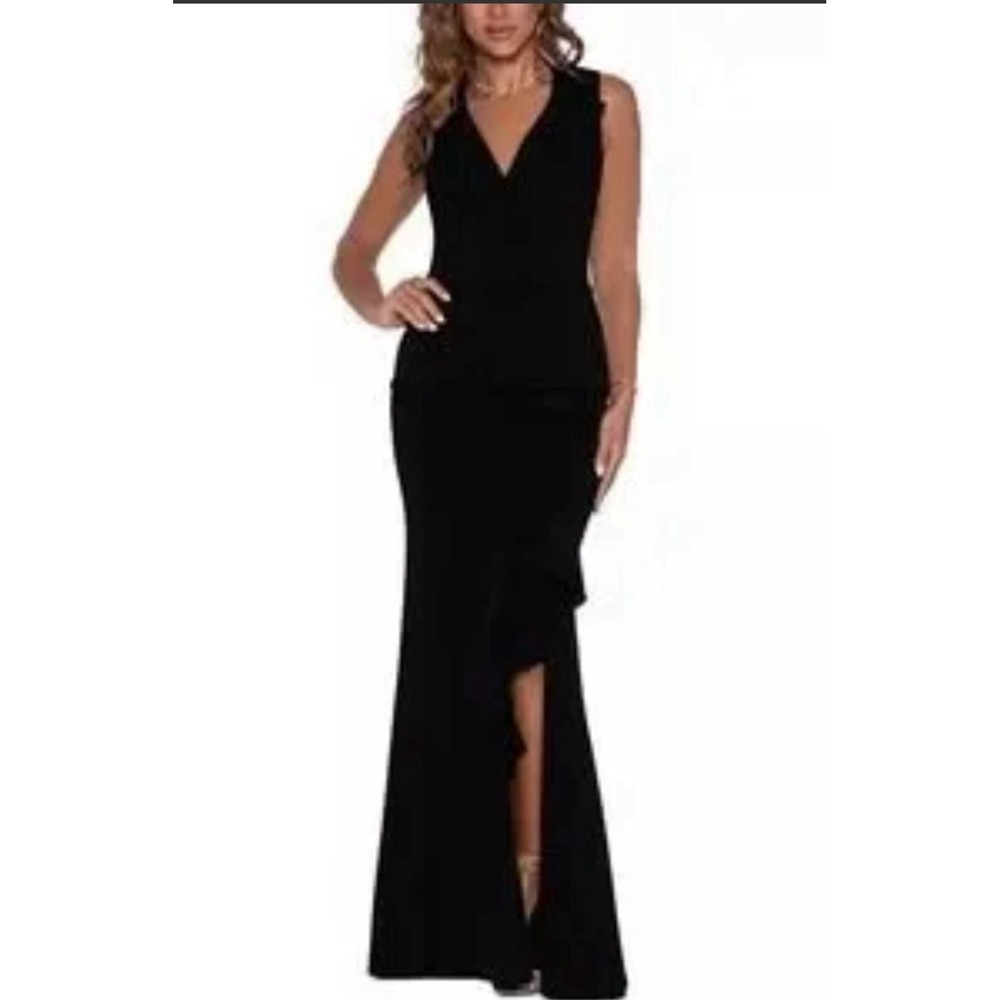 Betsy And Adam "BOBBI" LONG RUFFLED V-NECK GOWN Column Dress Bodycon Black 4